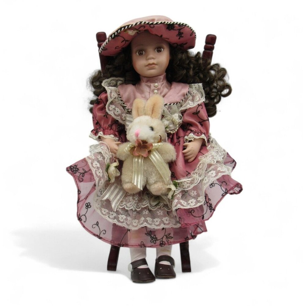 DOLL in Wooden Rocking CHAIR With Pink Dress And Bunny 14" Tall